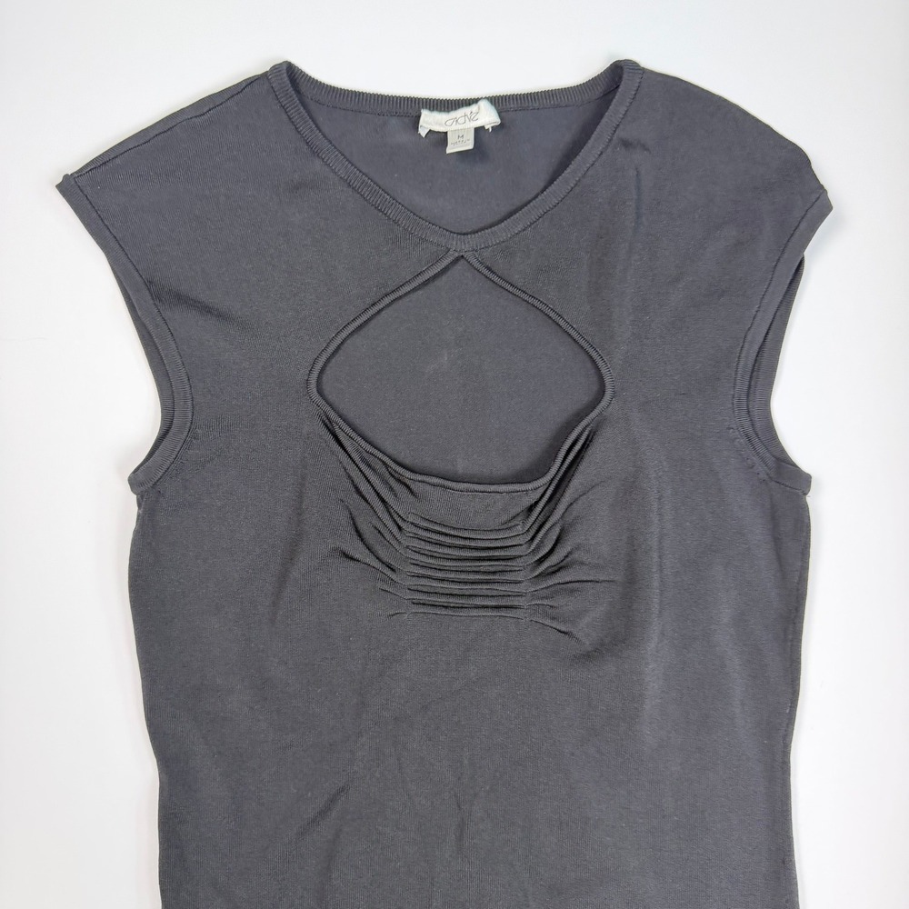 Cache Y2K Minimalist Chic Women Cap Sleeve Cutout Keyhole Ruched Top Black Rayon